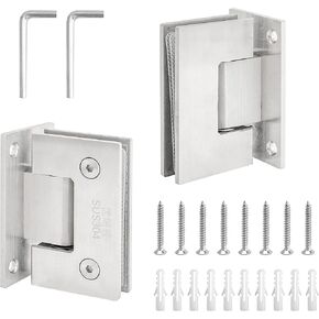 2 Pack Frameless Glass Shower Door Hinges, 90 Degree Glass to Wall Shower Door Hinges, 304 Stainless Steel Brushed Nickel Shower Door Clamp for 8mm-12mm