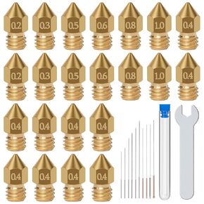 22PCS MK8 Nozzles 3D Printer Extruder Nozzles 0.2mm, 0.3mm, 0.4mm, 0.5mm, 0.6mm, 0.8mm, 1.0mm with 10PCS Cleaning Needles and Wrench for Makerbot Creality CR-10 Ender 3 5