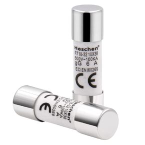 Cylindrical Ceramic Tube Fuse Link, RT18-32 (RO15), 10×38 mm, 6A 500V, CE, Pack of 20