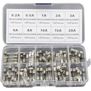 100 PCS 5x20mm Quick Blow Glass Tube Fuse Assorted Kits Fast-Blow Glass Fuses 0.2A 0.5A 1A 2A 3A 5A 8A 10A 15A 20A