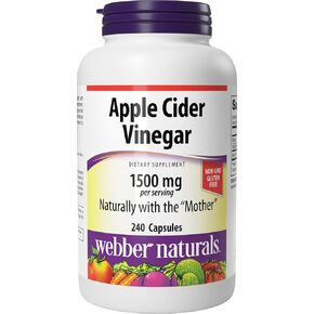 Webber Naturals Apple Cider Vinegar Capsules with The Mother, 1,500 mg per serving, High Potency, 240 Capsules, Natural Digestion Support, Non-GMO, Gluten, Dairy & Sugar Free