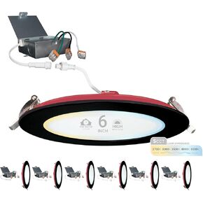 NUWATT 6 Inch 2 HOUR FIRE RATED LED Recessed Lighting, Selectable 2700K/3000K/3500K/4000K/5000K, 1200 Lumen, Dimmable Canless Light, IC Rated, 6in Fire Safe Black Wafer Lights, No Tenmat Needed, 6 PK
