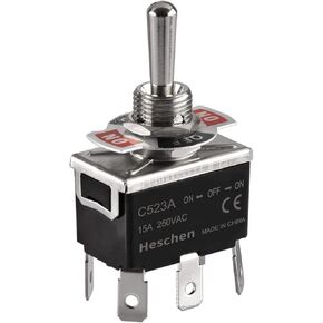 Metal Toggle Switch, C523A, DPDT, Maintained, ON/Off/ON 3 Position, 15A 250VAC, 6 tab Terminal, CE