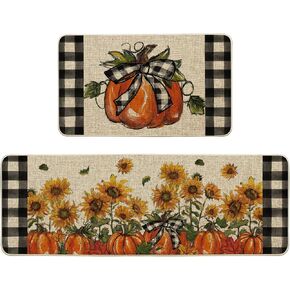 Artoid Mode Bowknot Pumpkin Sunflowers Fall Kitchen Mats Set of 2, Autumn Home Decor Low-Profile Kitchen Rugs for Floor - 17x29 and 17x47 Inch