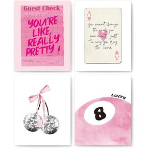 okaxscm Pink Coquette Trendy Preppy Inspirational Wall Art Prints Set of 4, Coquette Preppy Room Decor Aesthetic, Pink Bow Disco 8 Ball Cherry Wall Decor Posters for Girls Bedroom Dorm, 8x10 Unframed