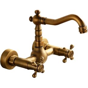 GGStudy Wall Mounted Kitchen & Bathroom Sink Faucet with Double Cross Handle Antique Brass Finish