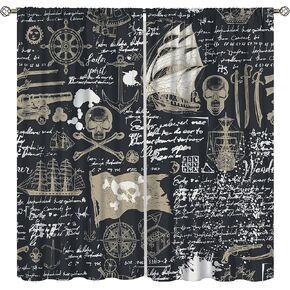 Nautical Sailboat Curtains, Sketch Pirate Ship Anchor Ship Wheel Compass Ocean Theme Decorative Curtains, Blackout Curtains for Bedroom Living Room,42X45 Inch