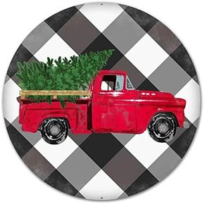 Craig Bachman 12" Vintage Truck on Black White Plaid Tin Metal Christmas Red Farm Truck Wreath Accent Sign MD0445