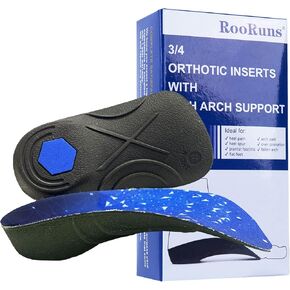 RooRuns Orthotic Inserts 3/4 Length, High Arch Support Foot Insoles for Over-Pronation Plantar Fasciitis Flat Feet Heel Pain Relief Shoe Inserts for Running Sports, M(Men 6.5-8.5/Women 7.5-9.5)