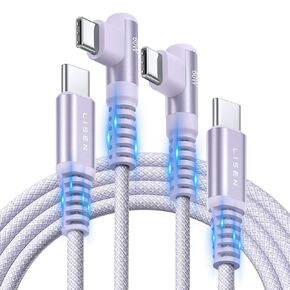 LISEN USBC to USBC Cable【 2-Pack*6.6FT】 USB C Charger Cable，USB C to USB C, 60W Right Angle C Charger Cable Fast Charging for Samsung S24, iPad Mini/Air, MacBook Pro 2020,Switch