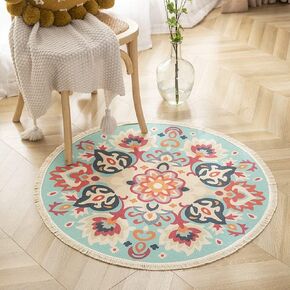 Poowe Round Cotton Rug Woven Tassel Throw Rug Washable Area Rug for Living Room Bedroom Kitchen Bathroom (Flower Blue)