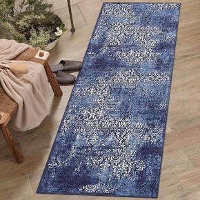 Boho Accent Rug 8x10 Large Living Room Rug Indoor Washable Rug Non-Slip Low-Pile Stain Resistant Vintage Distressed Floor Cover Carpet Paisley Throw Rug for Bedroom Home Office Decor, Blue