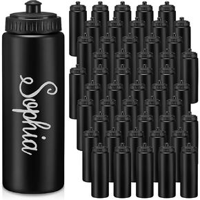 50 Pack Reusable Water Bottles Bulk for Boy Adults 24oz Plastic Water Bottle Pull Top Cap Team Sports Bottles for Gym Football Cheer Party Favors(Black)