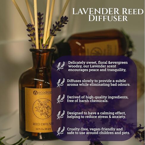 Ecodrop Lavender Reed Diffuser Set - 3.38 Fl Oz | Relaxing & Calm Scented Aromatherapy Fragrance Oil, Glass Bottle & 6 Wooden Reed Sticks Set | Home Spa Gift for Living Room, Bathroom & Bedroom Aroma in Saudi Arabia