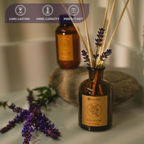 Ecodrop Lavender Reed Diffuser Set - 3.38 Fl Oz | Relaxing & Calm Scented Aromatherapy Fragrance Oil, Glass Bottle & 6 Wooden Reed Sticks Set | Home Spa Gift for Living Room, Bathroom & Bedroom Aroma in Saudi Arabia