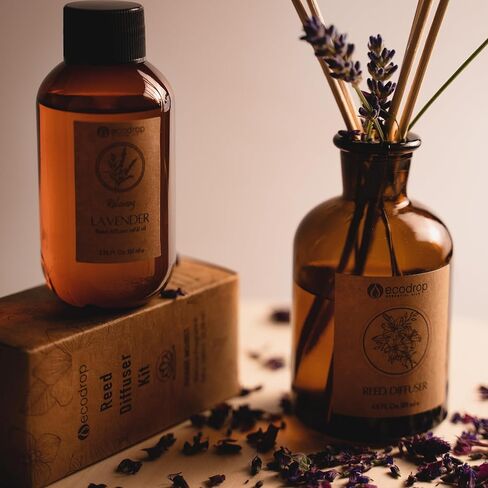 Ecodrop Lavender Reed Diffuser Set - 3.38 Fl Oz | Relaxing & Calm Scented Aromatherapy Fragrance Oil, Glass Bottle & 6 Wooden Reed Sticks Set | Home Spa Gift for Living Room, Bathroom & Bedroom Aroma in Saudi Arabia