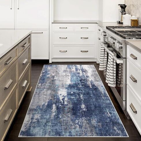 Uphome Abstract Bedroom Runner Rug 2x6 Modern Blue Striped Runner Rug Non-Slip Washable Print Kitchen Rug Contemporary Aesthetic Soft Throw Rugs for Hallway Bathroom Entryway in Saudi Arabia