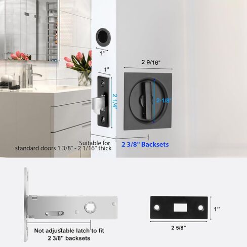 Dontay Pocket Door Privacy Lock and Pull, Stainless Steel Contemporary Pocket Door Latch Knob, Flush Door Handles, Privacy (Bed/Bath) Latch, 2-3/8" Backset, Sliding Barn Hardware (Matte Black, Square) in Saudi Arabia