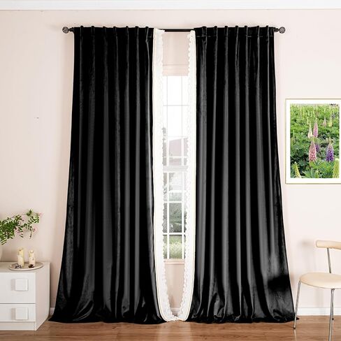 Black Velvet Curtains with Romantic Lace Trim for Living Room, Room Darkening Luxury Window Curtains 84 inches long, Rod Pocket & Back Tab, W52 x L84 inches, 2 Panels Set in Saudi Arabia