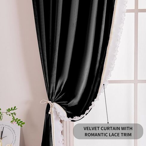 Black Velvet Curtains with Romantic Lace Trim for Living Room, Room Darkening Luxury Window Curtains 84 inches long, Rod Pocket & Back Tab, W52 x L84 inches, 2 Panels Set in Saudi Arabia