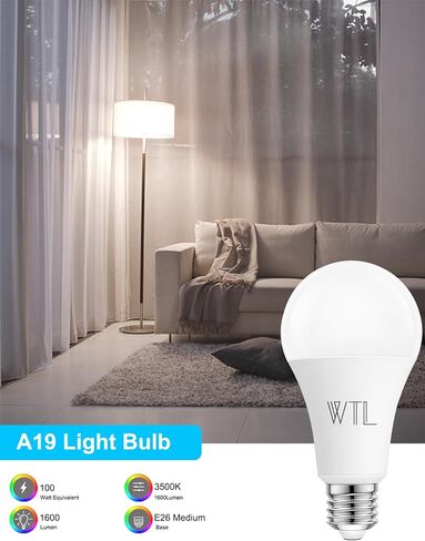WTL A19 LED Light Bulbs 100 Watt Equivalent (Not Dimmable), 3500K Natural White, 1600 Lumens, E26 LED Bulbs 15W, Energy Saving Light Bulb for Living Room (4 Pack) in Saudi Arabia