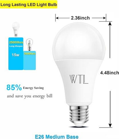 WTL A19 LED Light Bulbs 100 Watt Equivalent (Not Dimmable), 3500K Natural White, 1600 Lumens, E26 LED Bulbs 15W, Energy Saving Light Bulb for Living Room (4 Pack) in Saudi Arabia