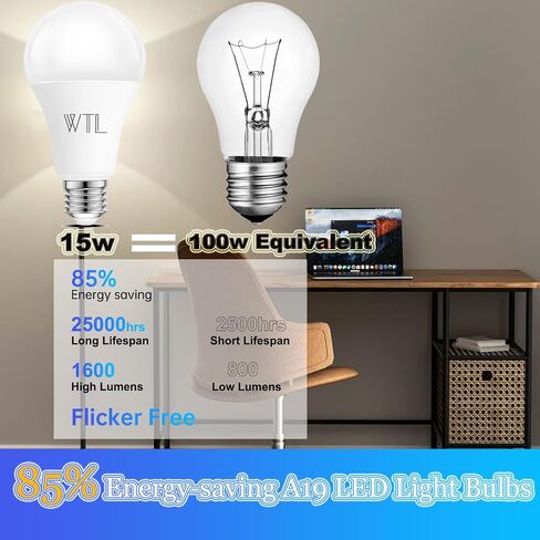 WTL A19 LED Light Bulbs 100 Watt Equivalent (Not Dimmable), 3500K Natural White, 1600 Lumens, E26 LED Bulbs 15W, Energy Saving Light Bulb for Living Room (4 Pack) in Saudi Arabia