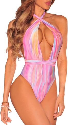 KIRJAUDU Women's Floral Print High Cut Bandage Backless One Piece Swimsuit Swimwear in Saudi Arabia