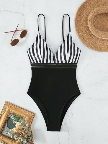 Milumia Women's Striped Onepiece Swimsuit Contrast Mesh Spaghetti Strap Bathing Suit in Saudi Arabia