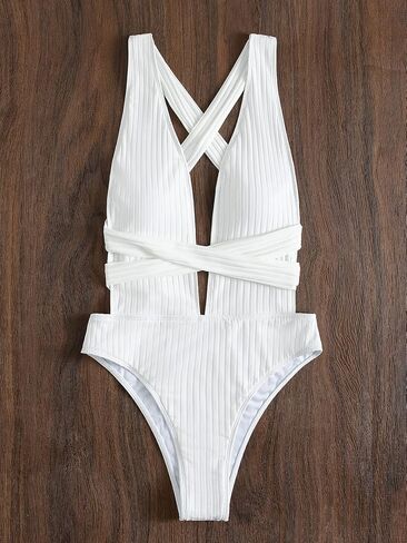 OYOANGLE Women's One Piece Swimsuits Criss Cross Sleeveless Deep V Neck Swimwear Solid Bathing Suit with Beach Skirt in Saudi Arabia