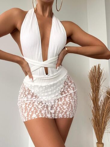 OYOANGLE Women's One Piece Swimsuits Criss Cross Sleeveless Deep V Neck Swimwear Solid Bathing Suit with Beach Skirt in Saudi Arabia