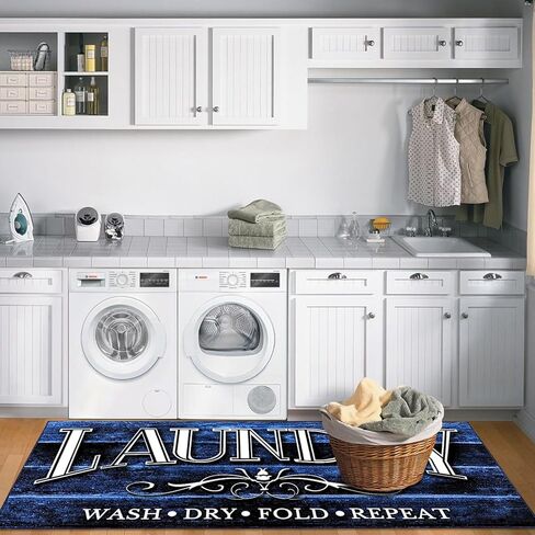 غرفة الغسيل البساط حصيرة 2X6Ft طويلة مزرعة الغسيل حصيرة للأرضية خمر المطبخ حصيرة نونسليب قابل للغسل عداء البساط حوض الغسيل حصيرة Mudroom حصيرة للداخلية في الهواء الطلق ديكور المنزل، الأزرق in Kuwait