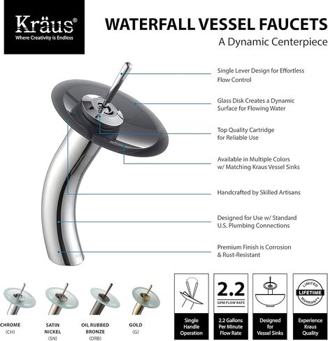 Kraus KGW-1700SN-BLFR وعاء زجاجي ذو رافعة واحدة شلال حمام صنبور نيكل ساتان مع قرص زجاجي أسود بلوري in Kuwait