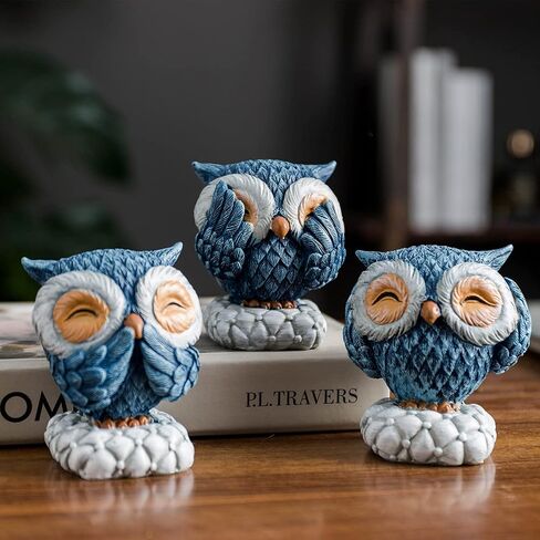 3 Pcs Blue Owl Decor for Home Decor Accents, Owl Statue for Cute Shelf Decor Accents Living Room Bookshelf Decorations Owl Sculpture for Owl Lover Gifts in Saudi Arabia
