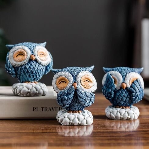 3 Pcs Blue Owl Decor for Home Decor Accents, Owl Statue for Cute Shelf Decor Accents Living Room Bookshelf Decorations Owl Sculpture for Owl Lover Gifts in Saudi Arabia