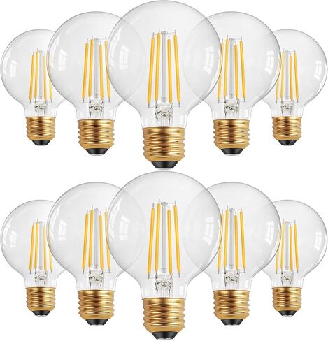 QiMH G25 Globe LED Light Bulb, 8W Vintage Edison Bulbs for Bathroom Makeup Mirror Decorative, Clear Glass 2700K Warm Light Bulbs, 80W Equivalent, 1000LM, Medium E26 Base, Non-dimmable, 10 Pack in Saudi Arabia