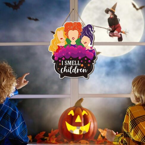 Halloween Hocus Pocus Witch Wooden Hanging Sign I Smell Children Door Sign Halloween Welcome Wreath Sign Halloween Decorations Door Hanger Sign for Home Window Halloween Party Decor in Saudi Arabia