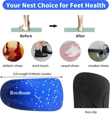 RooRuns Orthotic Inserts 3/4 Length, High Arch Support Foot Insoles for Over-Pronation Plantar Fasciitis Flat Feet Heel Pain Relief Shoe Inserts for Running Sports, M(Men 6.5-8.5/Women 7.5-9.5) in Saudi Arabia