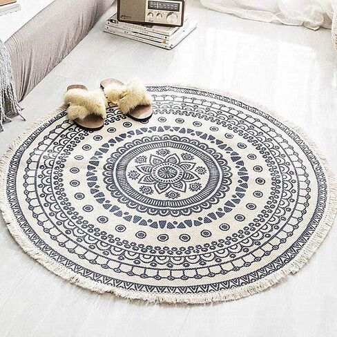 Poowe Round Cotton Rug Woven Tassel Throw Rug Washable Area Rug for Living Room Bedroom Kitchen Bathroom (Flower Blue) in Saudi Arabia