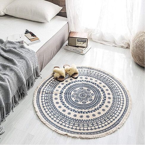 Poowe Round Cotton Rug Woven Tassel Throw Rug Washable Area Rug for Living Room Bedroom Kitchen Bathroom (Flower Blue) in Saudi Arabia