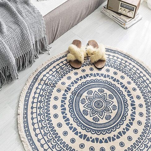 Poowe Round Cotton Rug Woven Tassel Throw Rug Washable Area Rug for Living Room Bedroom Kitchen Bathroom (Flower Blue) in Saudi Arabia