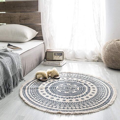 Poowe Round Cotton Rug Woven Tassel Throw Rug Washable Area Rug for Living Room Bedroom Kitchen Bathroom (Flower Blue) in Saudi Arabia