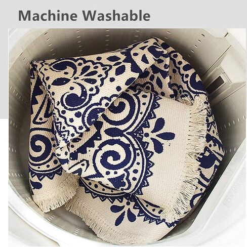Poowe Round Cotton Rug Woven Tassel Throw Rug Washable Area Rug for Living Room Bedroom Kitchen Bathroom (Flower Blue) in Saudi Arabia