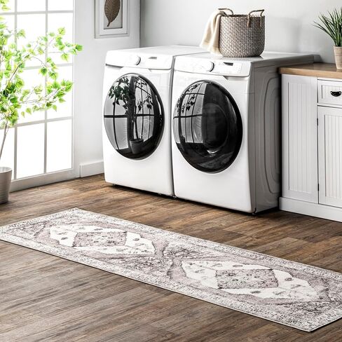 nuLOOM Gladys Machine Washable Vintage Medallion Ultra Thin Runner Rug, 2' 6" x 6', Light Grey in Saudi Arabia