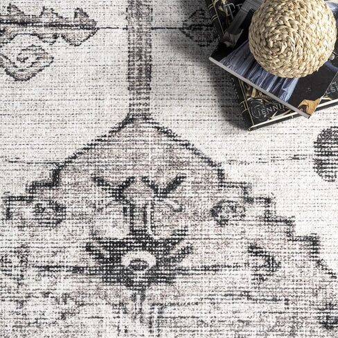 nuLOOM Gladys Machine Washable Vintage Medallion Ultra Thin Runner Rug, 2' 6" x 6', Light Grey in Saudi Arabia