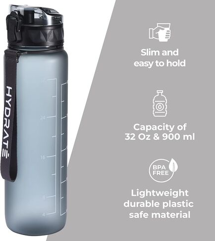 زجاجة مياه تحفيزية من هيدريت - زجاجة مياه للتمرين سعة 12 أونصة مع ختم زمني - زجاجة شرب واسعة الفم مع حزام معصم - حاوية مياه بلاستيكية لصالة الألعاب الرياضية أو المكتب أو الرياضات الخارجية - أسود in Kuwait