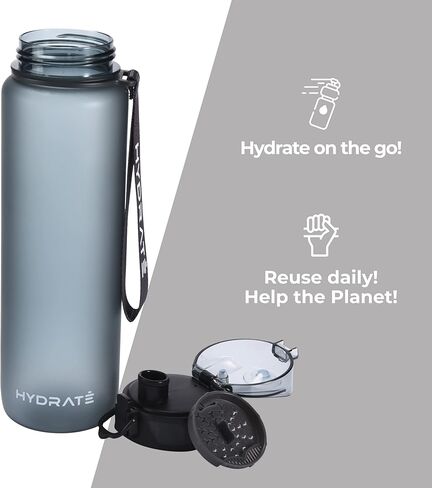 زجاجة مياه تحفيزية من هيدريت - زجاجة مياه للتمرين سعة 12 أونصة مع ختم زمني - زجاجة شرب واسعة الفم مع حزام معصم - حاوية مياه بلاستيكية لصالة الألعاب الرياضية أو المكتب أو الرياضات الخارجية - أسود in Kuwait