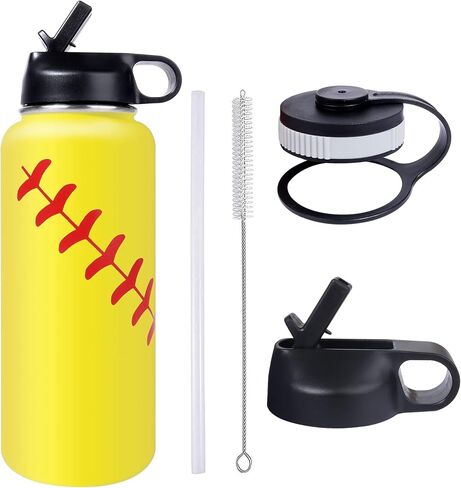 22oz Wide Mouth Softball Water Bottle with Two Lids(Straw, Handle Lid), 18/8 Stainless Steel Vacuum Insulated for Travel & Sport Cup. (Softball Yellow, 22oz) in Saudi Arabia