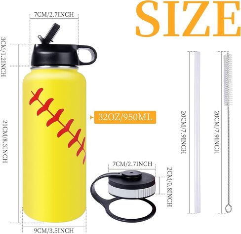 22oz Wide Mouth Softball Water Bottle with Two Lids(Straw, Handle Lid), 18/8 Stainless Steel Vacuum Insulated for Travel & Sport Cup. (Softball Yellow, 22oz) in Saudi Arabia