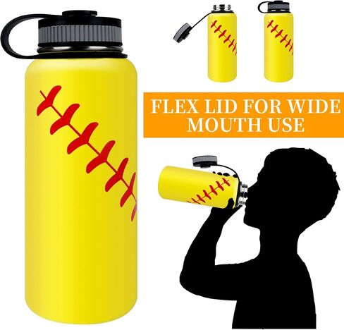 22oz Wide Mouth Softball Water Bottle with Two Lids(Straw, Handle Lid), 18/8 Stainless Steel Vacuum Insulated for Travel & Sport Cup. (Softball Yellow, 22oz) in Saudi Arabia